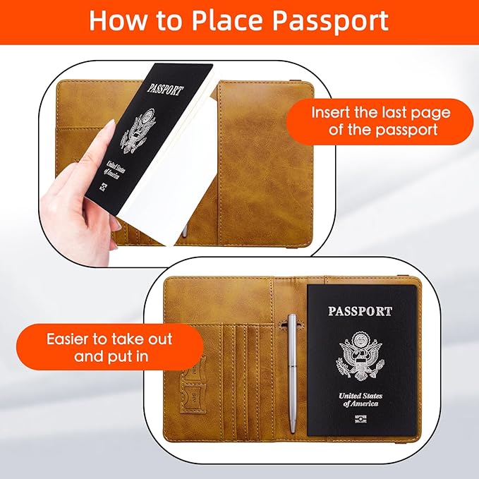 WALNEW Passport Holder for Travel, RFID Passport Cover Wallet for Women Men, PU Leather Passport Book Card Holder Case with Pen (Elastic Band Closure, AA-Brown+Blue)