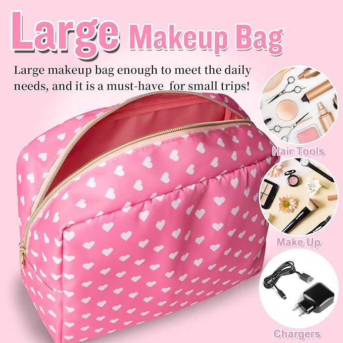Nylon Large Makeup Bag Travel Cosmetic Bag Pouch, Big Preppy Makeup Bag Cute Cosmetic Zipper Pouch Purse, Waterproof Toiletry Bag Clutch Makeup Organizer Travel Essentials for Women Girls(Pink Heart)