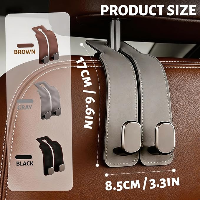 Car Headrest Hook 2 Pack, Universal Car Purse Holder for Back of Seat, Heavy Duty Leather Car Seat Hooks with Dual Metal Hooks, for Handbag, Grocery Bags, Water Bottle, Phone (Gray)
