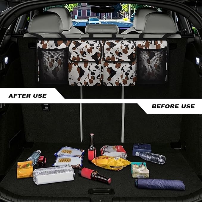 Cow Car Trunk Organizer and Storage,Backseat Hanging Organizer for SUV,Truck Waterproof,Collapsible Cargo Storage Bag with 4 Pockets,Car Interior Accessories for Men and Women