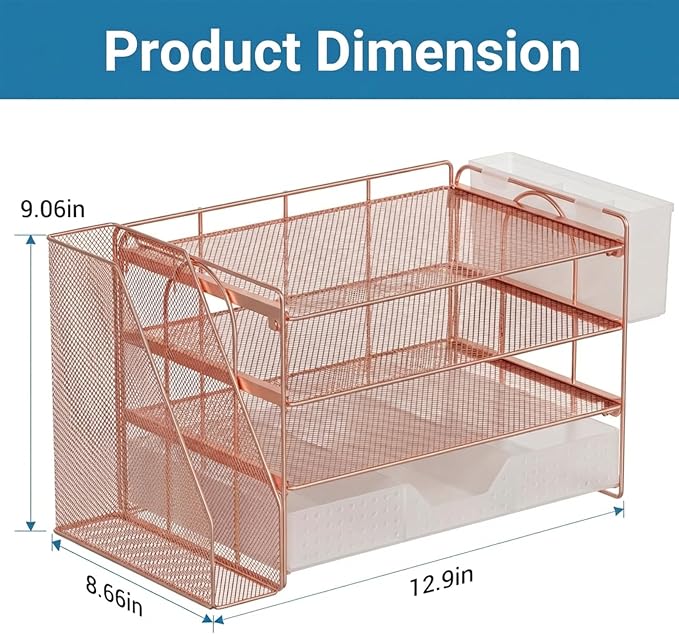 ECOLOVI Desk Organizer, 4-Tier Paper Organizer Letter Tray with File Holder, Drawer and 2 Pen Holders, Desktop File Organizer for Office Supplies, Workspace Storage, Rose Gold