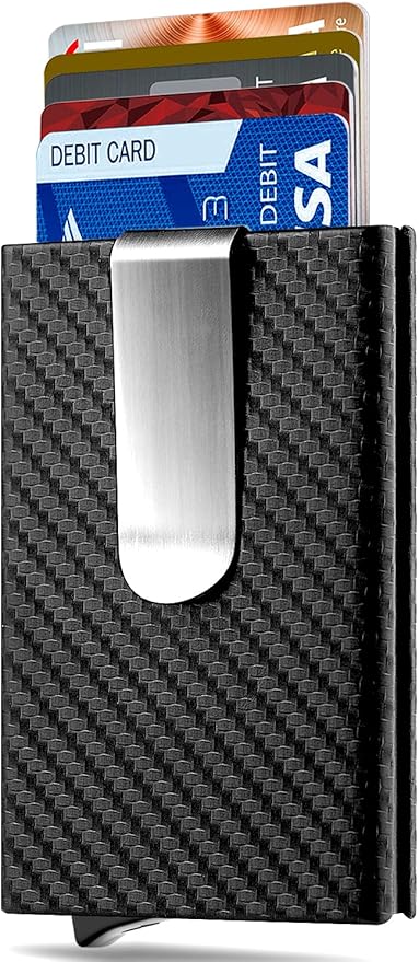 MOSIYEEF Slim RFID Blocking Card Holder Wallet for Men - Minimalist Pop Up Credit Card Holder Wallet with Stainless Steel Money Clip, Carbon Fiber Leather Wallet, Holds 6 Cards - Ideal Gift for Him