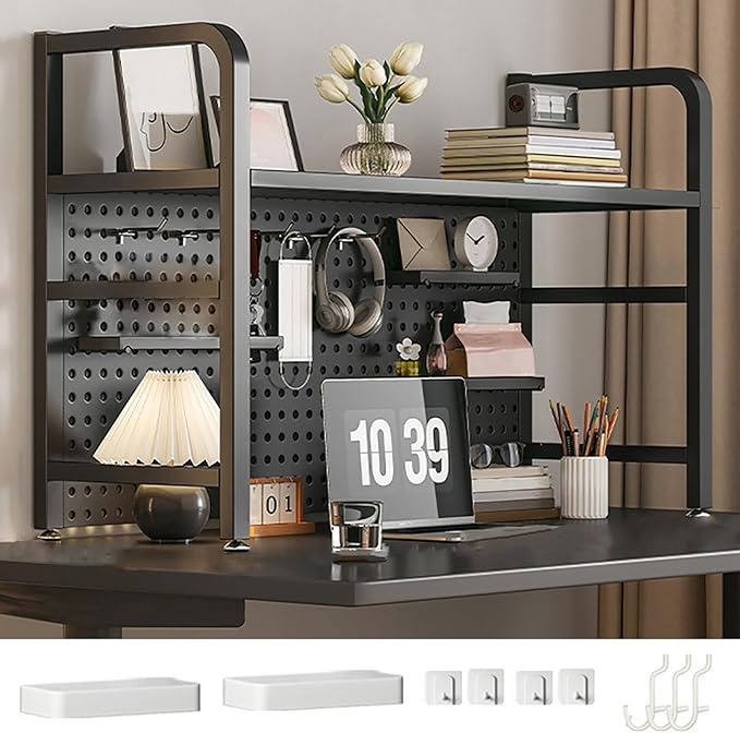 Computer Desk Desktop Shelf, Desk Shelves, Desktop Shelf, Desk Add on Shelf, Desk Shelf with Perforated Board, Metal Countertop Organizer, for Computer Desk Dorm Room Office(Black,95cm/37)
