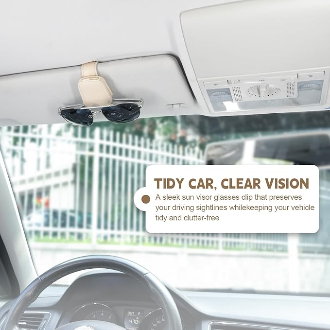 JUSTTOP 1Pack Sunglass Holder for Car, Magnetic Leather Buckle Sun Visor Sunglass Clip, Ticket Card Clip Sunglasses Mount, Car Interior Accessories for Men and Women (Beige)