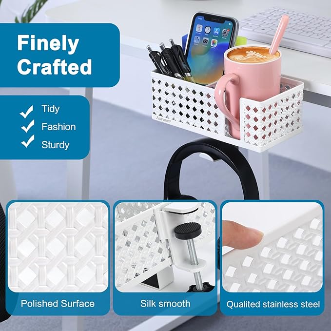 Desk Cup Holder, Clip on Cup Hook, Pen Holder Clamp Desk Organizer Pencil Holder Phone Holder Desk Storage for Office School Home (White)