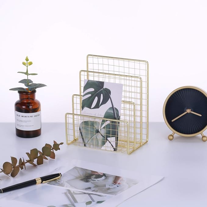 3 Slots Letter Holder, Metal Multifunctional File Holder for Mails, Books, Brochures and Postcards, Desktop Office Organizer Decoration, 5.6” x 3.7” x 7.0”, Gold