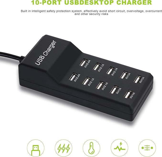 50W USB Charging Station with 10-Port Family-Sized Smart USB Ports for Multiple Devices - Smart Phone, Tablet, Laptop Computer - for iPhone 15/14/13 Black