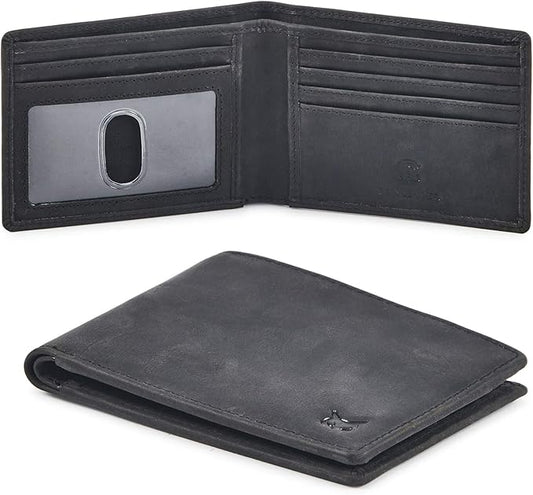 Real Leather Mens Bifold Wallet RFID Blocking Slim Minimalist Front Pocket - Thin & Stylish with ID Window in Gift Box (Crazy Horse, Black)