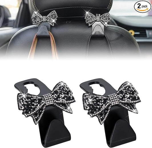 2PCS S-Type Bling Car Seat Headrest Hooks, Crystal Rhinestone Bow Seat Hooks for Purses and Bags, Rhinestone Car Accessories for SUV, Truck, Sedan (Black)