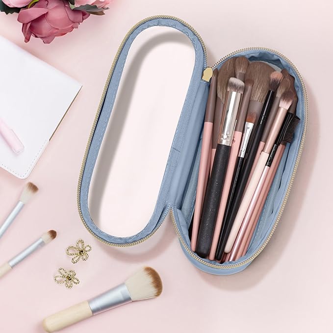 Soimeat Clear Travel Makeup Brush Holder, Leather Makeup Brush Toiletry Bag, Portable Cosmetic Brush Case, Transparent Waterproof Makeup Brush Storage Bag, Blue