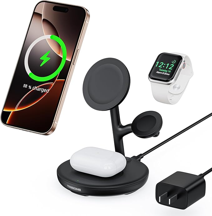 3 in 1 Magnetic Wireless Charger Stand for Apple Devices, TRIBONE Fast Charging Station for iPhone 17/16/15/14/13/12 Series, Apple Watch, Airpods (Black)