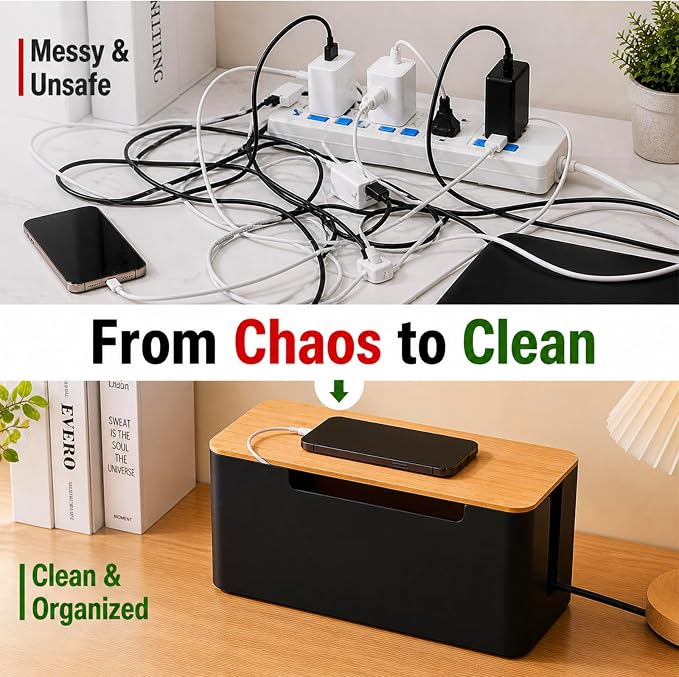 [Set of 2] Wood Cover Cable Management Box Set, Wire Ties Included to Organize Desk Cord Cables, Hide TV Computer Wires, Power Strips, USB Hub to Make Your Home, Office Neat and Clean (Black)
