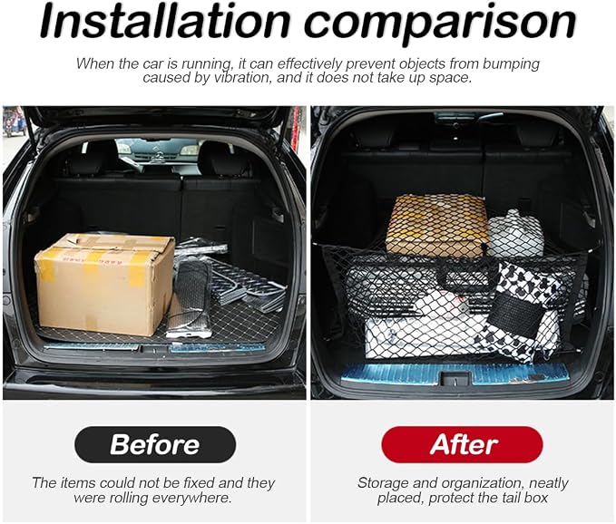 Osilly Car Rear Cargo Net, Double-Layer Adjustable Stretchable Elastic Storage Organizer Net, Trunk Cargo Storage Mesh Net with Hooks, Car Interior Accessories Fit for Vehicle, Trucks, SUV (Small)