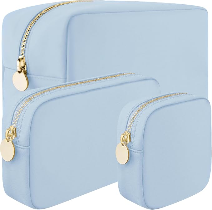 3-Piece Makeup Bag Set: Mini, Small & Large Cute Travel Toiletry Bags for Women & Girls (Light Blue)