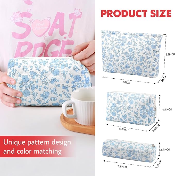 3 Pcs Makeup Bag Cosmetic Bag Set for Girls Women Checkered Travel Organizer Bathroom Toiletry Pouch Large Capacity Storage Bag(Blue Flower)