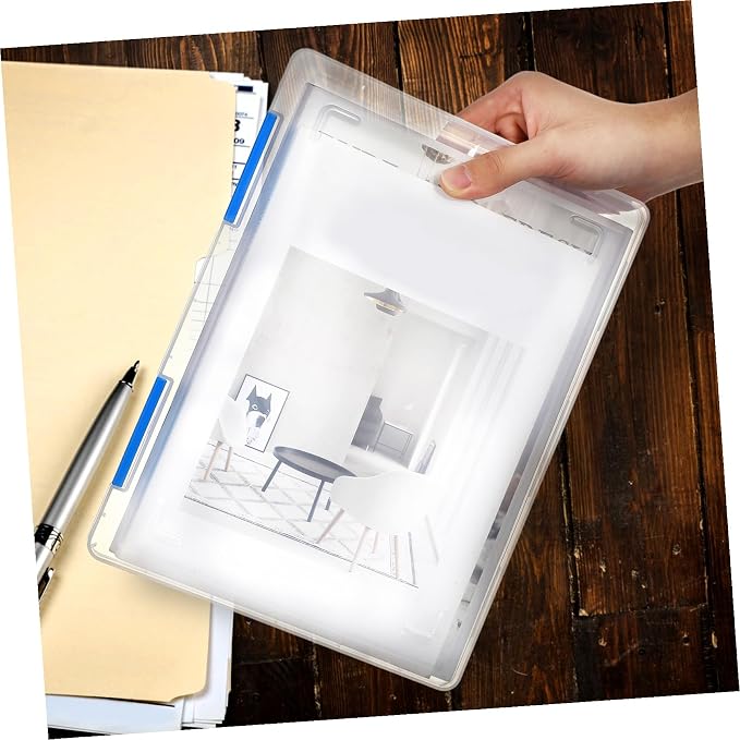 4pcs Clear File Box with Lid Desktop Document Organizer Transparent Plastic Storage Container for Office Paper Blueprint Receipt Filing Space-saving and Stackable Design