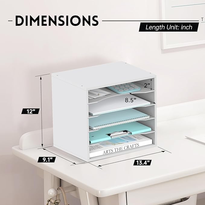 SUPEASY Wood Desk Organizer, 5 Tier Paper File Organizer for Desk, Wooden Desktop Organizer, Paper Letter Literature Mail Sorter, for Office School & Home Organization, White