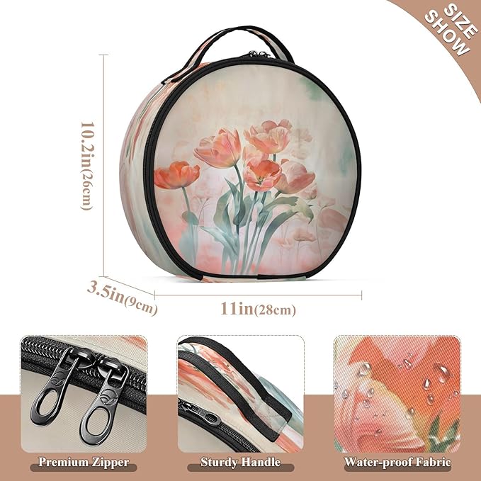 senya Round Cosmetic Pouch Travel Makeup Train Case Flower Vintage Makeup Organizer Bag with Adjustable Dividers Portable for Cosmetics Makeup Brushes Toiletry Jewelry Accessories