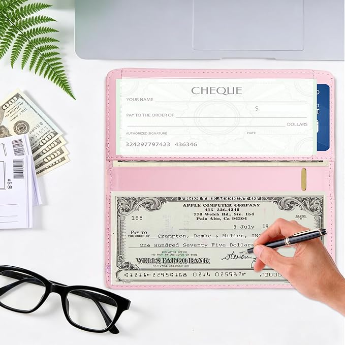 Letter Checkbook Cover, RFID Blocking Checkbook, Stylish, Lightweight, Slim Durable, Multi-Functional Checkbook Holder for Personal and Business Checks (Cherry-Pink)