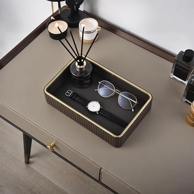 PU Leather Valet Tray,Desk Organizer Tray Nightstand Organizer Trinket Dish Storage Key Bowl Decorative Trays for Phone Wallet Jewelry Watch,Bathroom Bedroom Perfume Vanity Trays,Grey