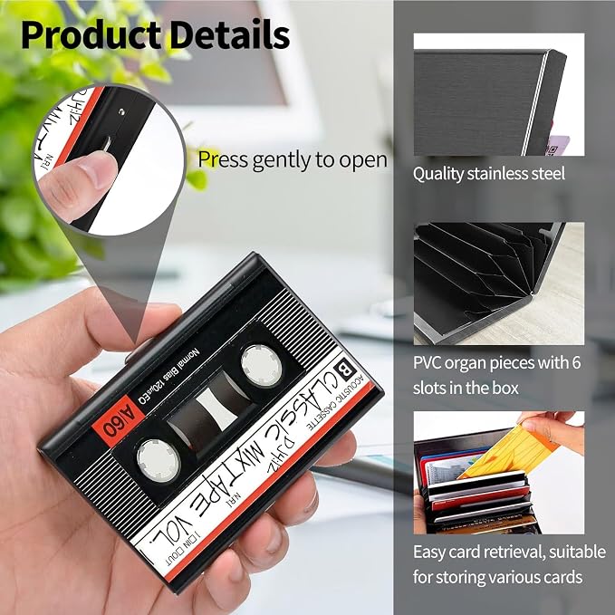 Metal Wallet, Credit Card Holder for Women Men Girls, RFID Blocking Aluminum Wallet Slim Hard Case, Mini Travel Wallet, ID Card Holder Business Card Case,Retro Audio Cassette