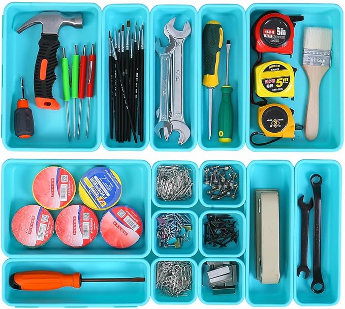 15 PCS Interlocking Desk Drawer Organizer Separator for Office,Bathroom,Kitchen,Makeup（Blue&Green）