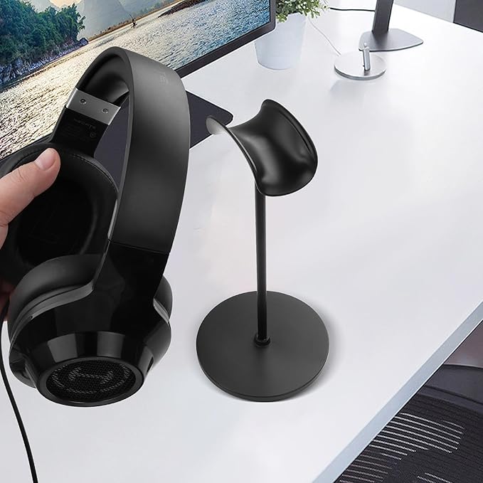 YAODHAOD Desktop Headphone Stand, Aluminum Alloy Headset Stand for Desk with Curved Headphone Rest & Anti-Slip Base,Heavy Base Desk Stand Headphones Support Accessory (Black)