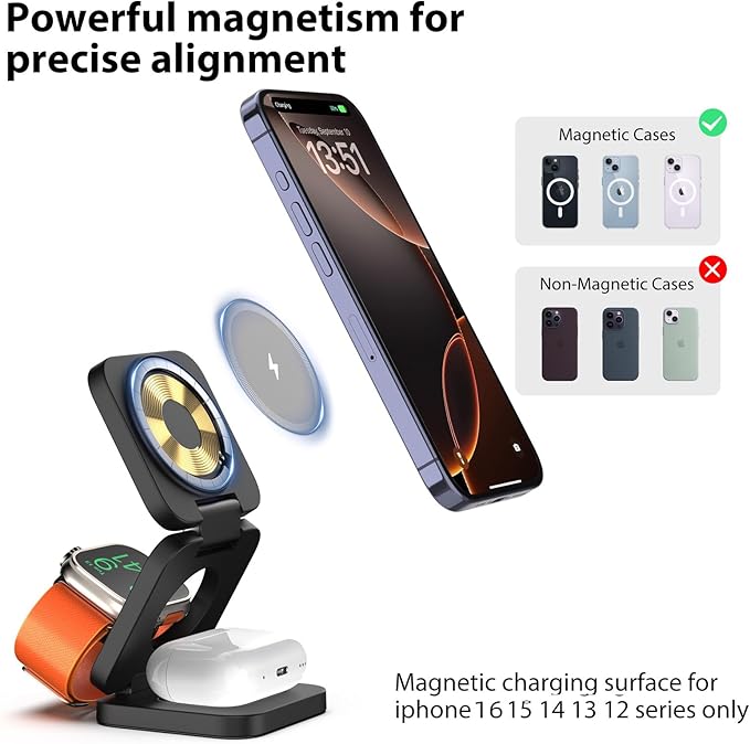 KU XIU X55 Foldable 3 in 1 Charging Station for Apple Devices, 15W Fast Magnetic Wireless Charger, Magent Travel Charger Stand for iPhone 16 15 14 13 12 Series, 5W for Apple Watch, AirPods-Black