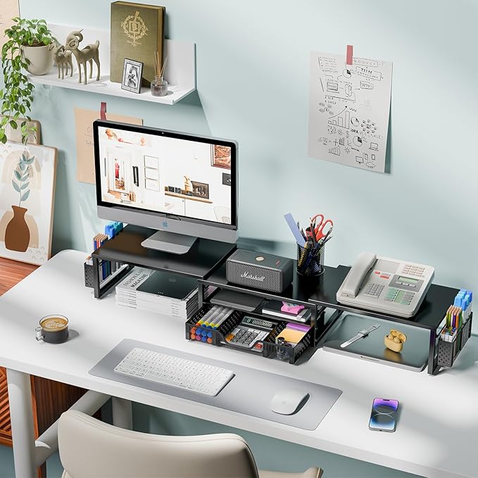 Simple Trending Desk Organizers and Accessories, Dual Monitor Stand Riser with Drawer and 2 Pen Holder, Shelf for Top of Desk, Black