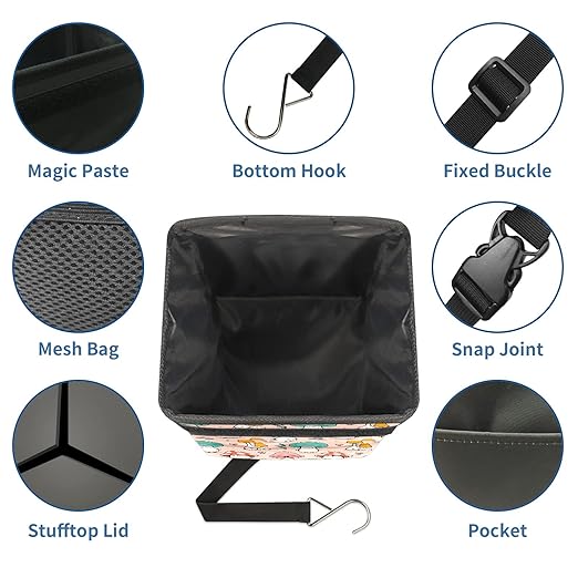 Car Trash Can Cute Mushroom Wate-rproof Auto Garbage Bag Car Trash Can with Lid Leak-Proof Car Storage Bag Hanging for Headrest Collapsible and Portable with Storage Mesh Pocket