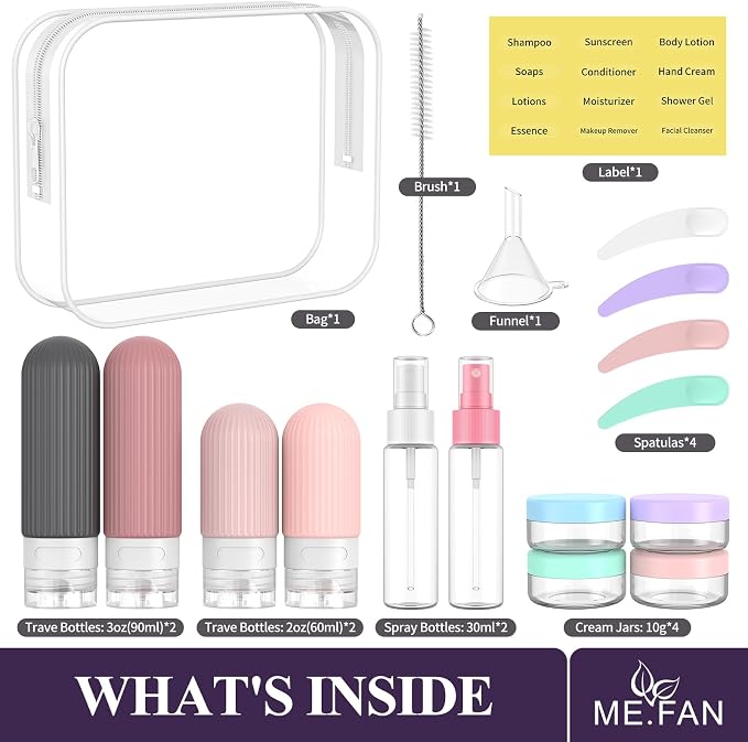 ME.FAN Travel Bottles for Toiletries,18 Pack Silicone Portable Size Bottle, TSA Approved Refillable Cosmetic Container Kits for Conditioner, Shampoo, Lotion,Face Cream - Pink