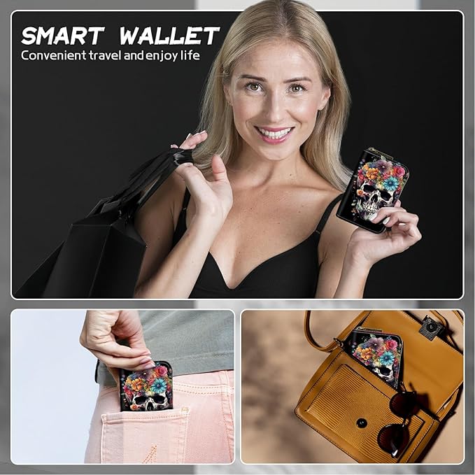 Cute Credit Card Holder with Zipper, Sugar Skull Flowers RFID-Blocking Card Case Small Wallet for Women Men, Multi-slot Card Organizer Case Travel Accordion Wallet