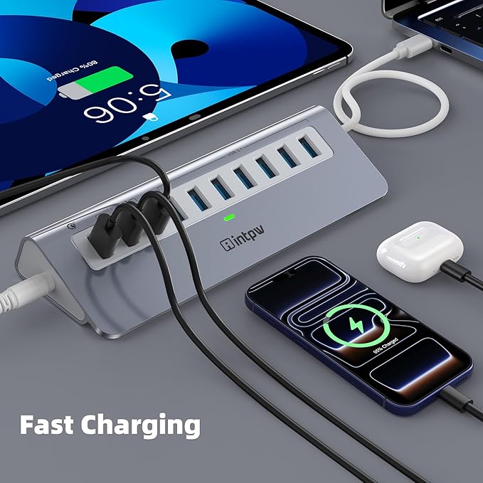 Powered USB Hub 10Gbps, 10 Port USB 3.2 Gen 2 Hub with 7 USB 3.2 Data Ports, 3 Fast Charging Ports, 36W Power Adapter, Type A and Type C Cable, Aluminum USB Data Hub for Mac, PC, Laptop