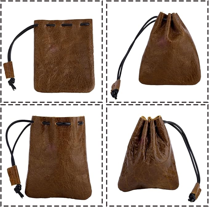 Leather Drawstring Pouch, Cowhide Vintage Leather Storage Bags Pouch Medieval Coin Purse Organizer for Earphone (Brown)