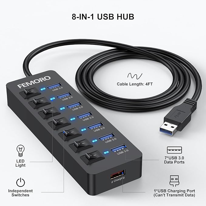 Powered USB Hub 3.0, 5Gbps Data Transfer 7 Ports and 12W Charging-only 1 Port with 5V/3A Power Adapter 4Ft Long Cable & Individual Switches for Laptop PC Flash Drive External SSD HDD Keyboard Mouse