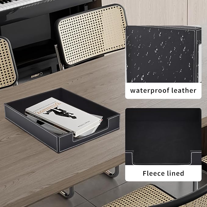Leather Letter Tray, Office Supplies Desk Organizer for Mail Paper Files Magazines Jewelry Cosmetics,Luxury Letter Holder&Multipurpos Stackable Office Desktop Storage Box ,Black