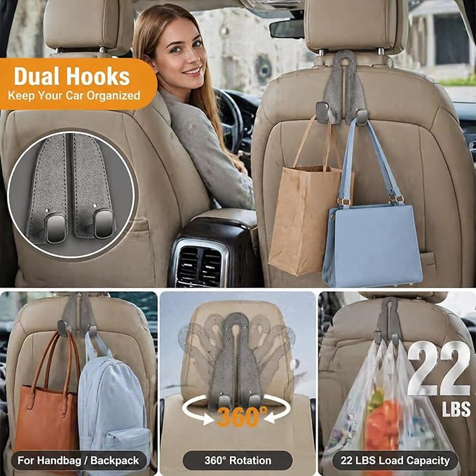 2 Pack Leather Car Seat Back Double Hooks - Heavy Duty Metal Core Headrest Hangers for Purses, Bags & Groceries - Anti-Drop & Scratch-Free Auto Interior Organizer Holder (Grey)
