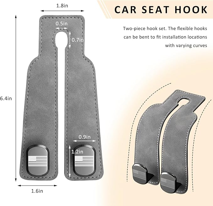 Sun Walker 2 PCS Car Seat Headrest Hooks, Auto Back Seat Purse Hook Bag Organizer with American Flag, Vehicle Double Metal Hooks Storage Hanging Holder for Handbags Coats Phones (Gray)