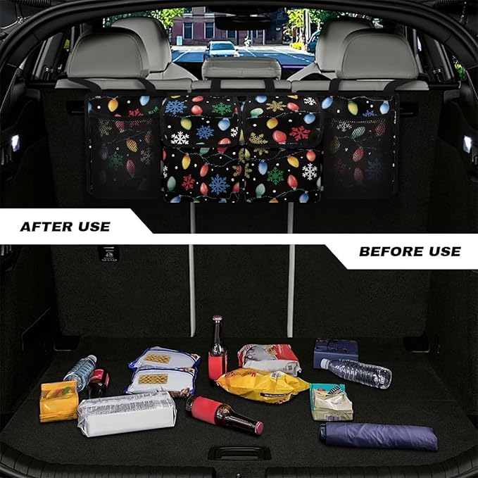Car Trunk Organizer Christmas Snowflake Light Strips Car Back Seat Hanging Storage Bag Collapsible Large Capacity Storage Bag Automotive Interior Accessories for Sedans SUV Jeep