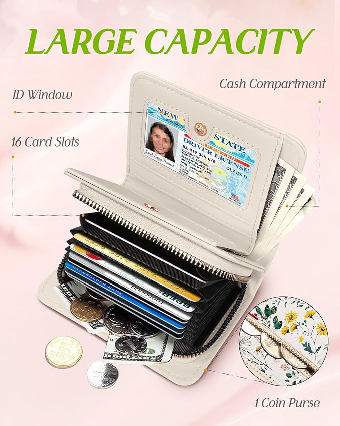 Bistup Credit Card Holder Wallet for Women Cute Leather Ladies Teen Girls Female Cardholder Wallets Accordion Purse Small Medium Aesthetic Print Flower Floral Modern Design Rfid Zipper Around