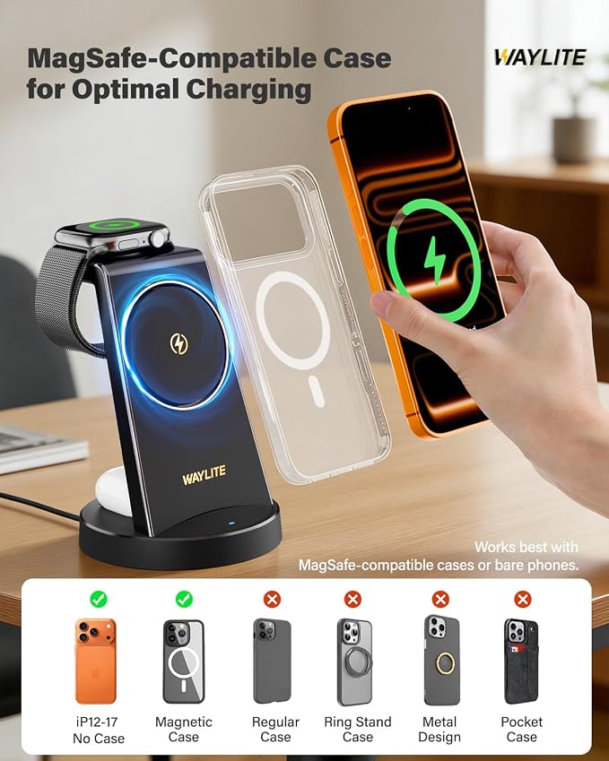 3 in 1 Fast Charging Station for iPhone, 25W Wireless Magnetic Phone Charger for iPhone 17 16e 16 15 14 13 12 Serise, Watch Charger Stand, Wireless Charging Station for AirPods 4 3 Pro, Dark Black