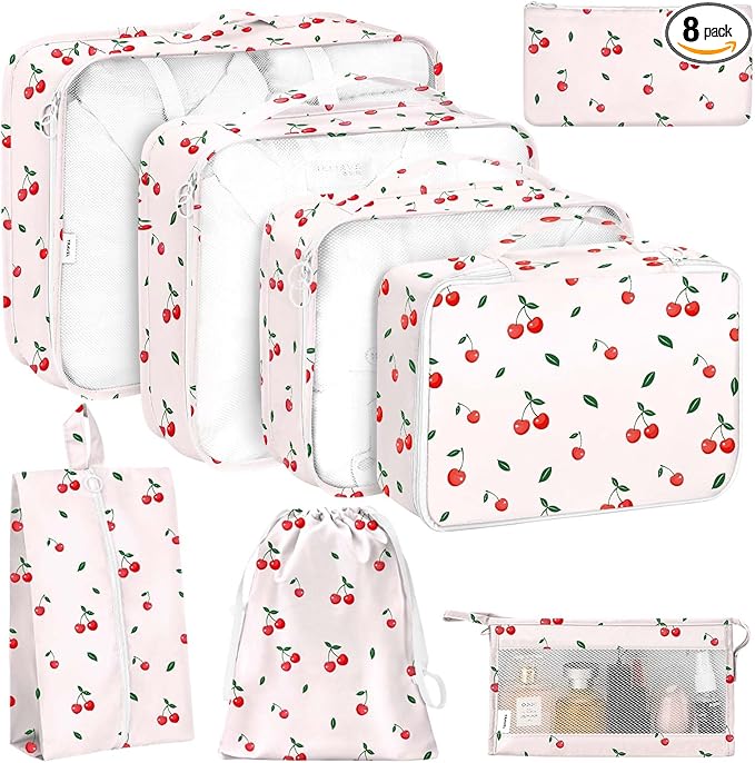 KPX 8 Set Packing Cubes for Travel, Luggage Packing Organizers Accessories Large Toiletries Bag for Clothes Shoes Cosmetics (Cherry)