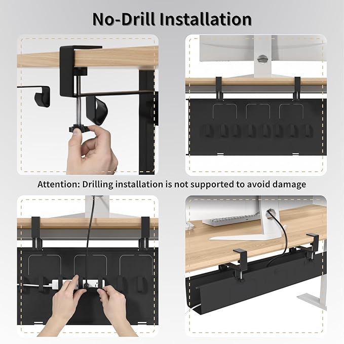 Under Desk Cable Management Tray, 36” Fabric No Drill Clamp Mount Cord Organizer for Desk, Heavy Duty Wire Management for Office Home, Black