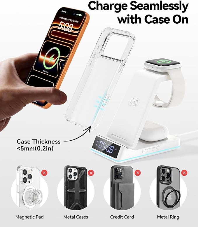 2026 Upgraded Wireless Charging Station, 7 in 1 Wireless Charger Station Foldable Charger Stand with Night Light/Alarm Clock for iPhone 17-12 Pro Max Plus, Apple Watch, AirPods Gifts for Fathers Day