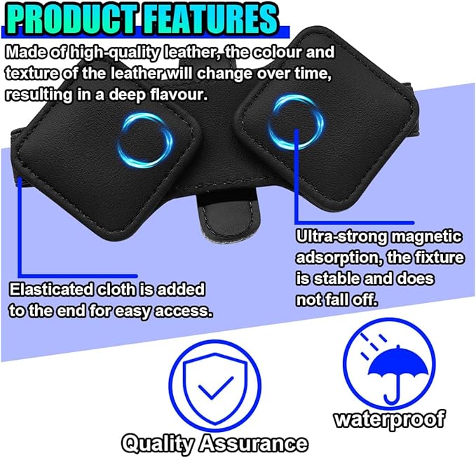 Sunglass Holder for Car Visor, Magnetic Leather Glasses Eyeglass Clip, Car Hanger Mount Ticket Card Clip, Auto Visor Organizer Accessories (Black)