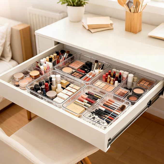 21 PCS Extendable Drawer Organizer Set, 3-Size Clear Stackable Vanity Storage Bins, BPA-Free Adjustable Non-Slip Acrylic Dressing Table Organizer Boxes for Makeup, Cosmetics, Office Supplies, Utensils