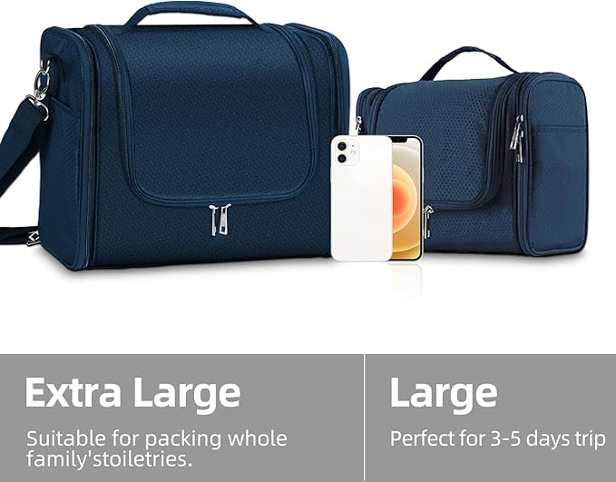 Buruis Extra Large Toiletry Bag for Women and Men, Hanging Travel Bag with Detachable Shoulder Strap for Full-Sized Toiletries, Water-Resistant Dopp Kit for Family Use and Long Trips, Blue