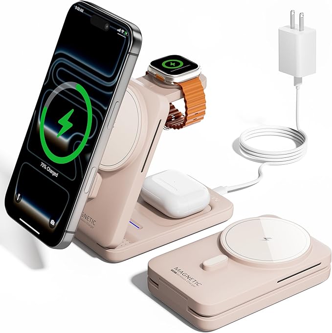 KPON Foldable 3in1 Charging Station for Magsafe, Travel Phone and Watch Charger for Apple Devices, Wireless Charging Dock for iPhone 17 16 15 14 13 12 Series/Apple Watch/Airpods