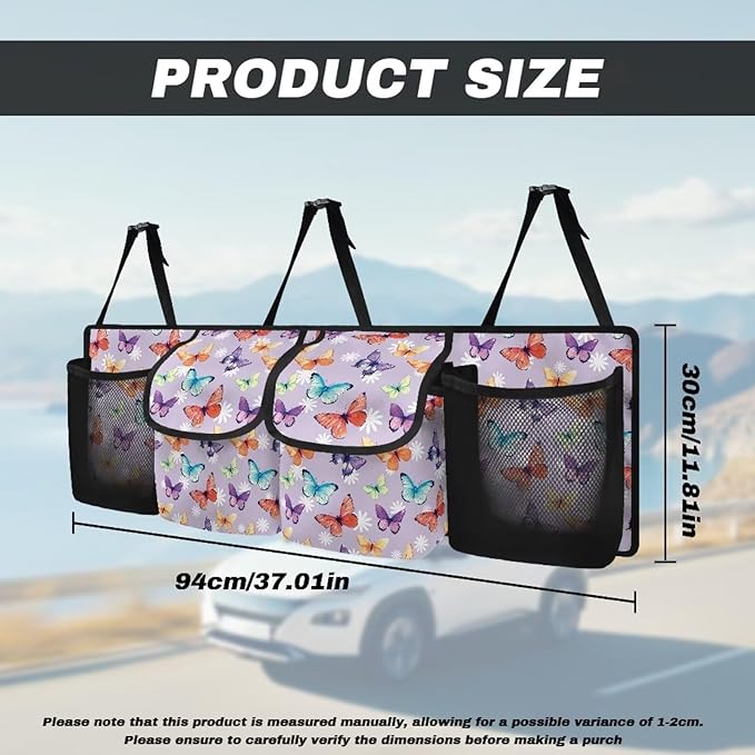 Colorful Butterfly Car Trunk Organizer Hanging Multipurpose Auto Backseat Storage Bag Universal Automotive Interior Accessories with 4 Pockets 3 Adjustable Straps