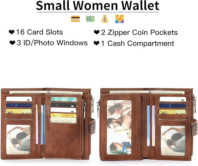GOIACII Womens Wallets RFID Blocking Leather Trifold Clutch Wallet Credit Card Holder Ladies Purse 3 ID Windows Brown